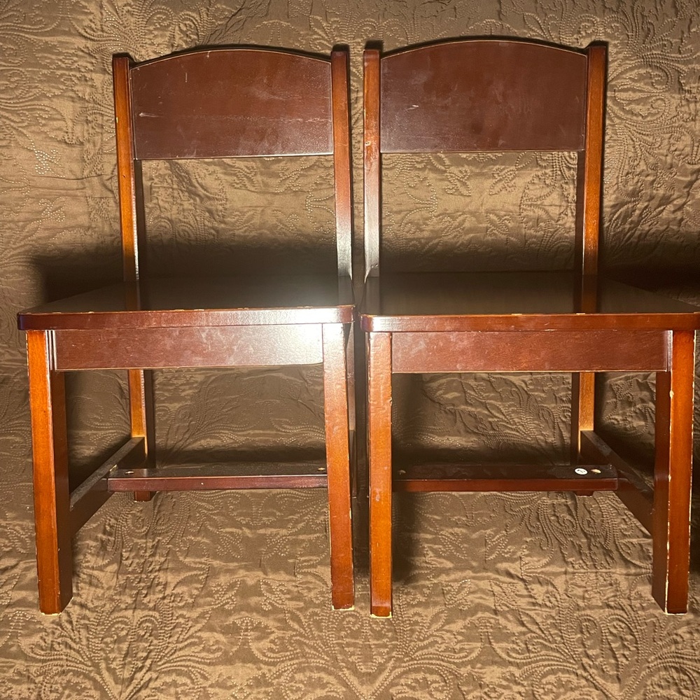 2 Brown Wooden Toddler Chairs.